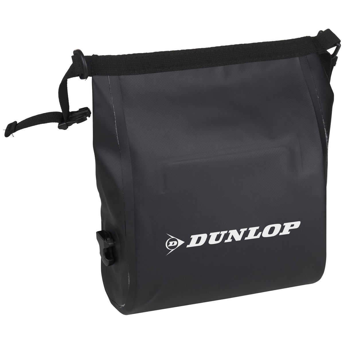 Black Dunlop bag with strap and buckle, on a white background.
