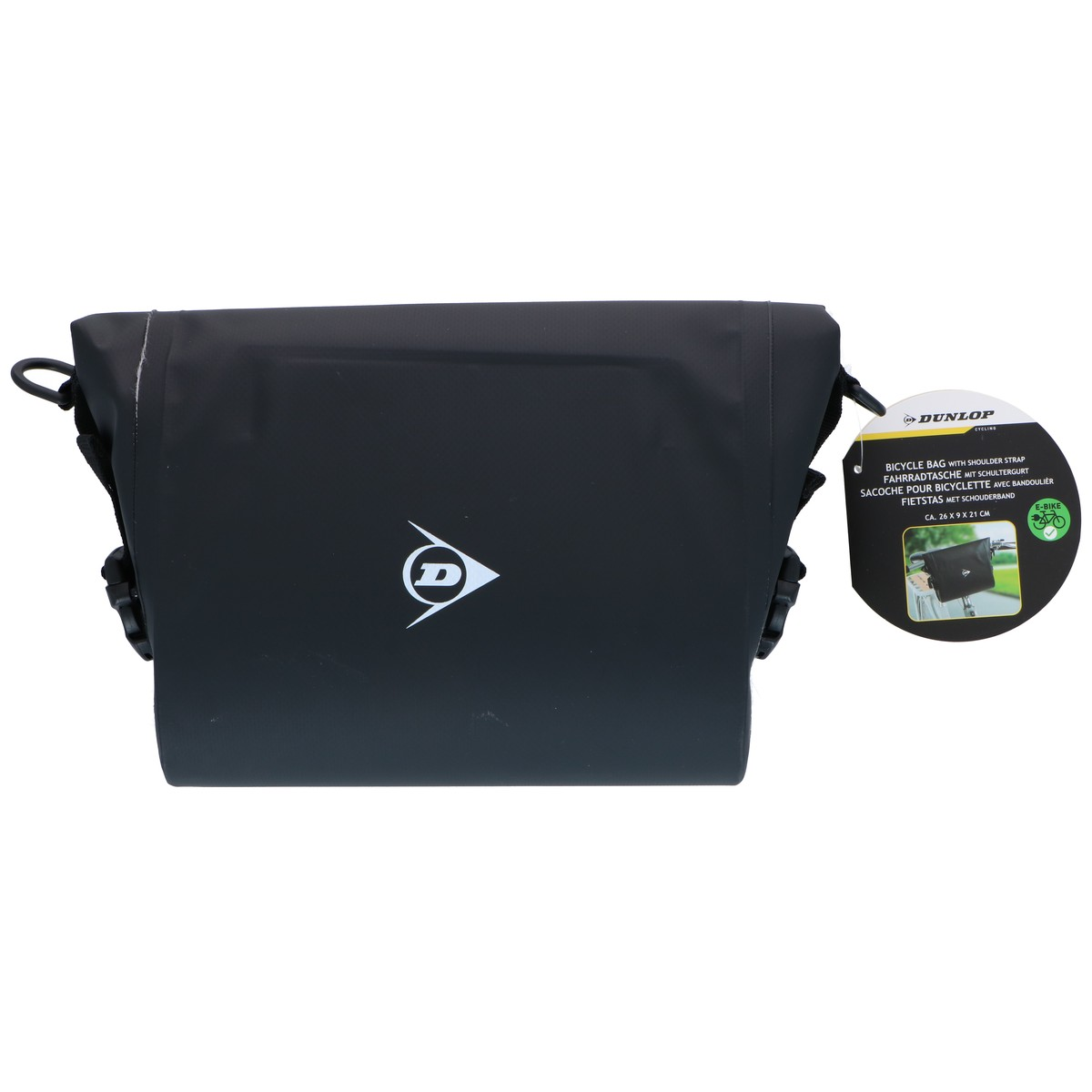 Black Dunlop bicycle bag with logo and tag, dimensions 26x9x21 cm.