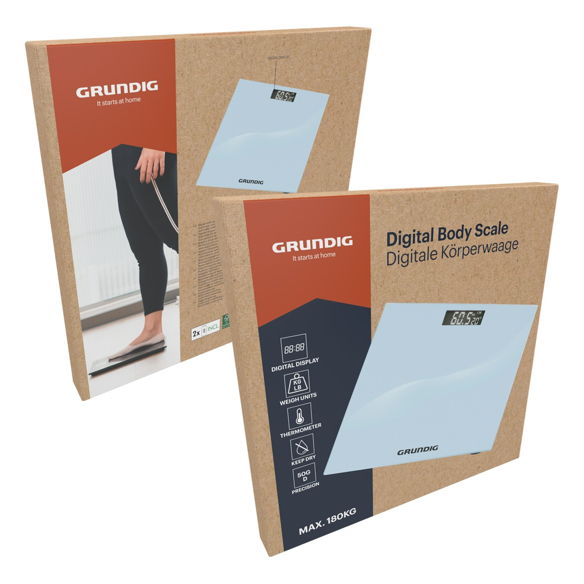 Two Grundig body scale boxes. One shows a person using a scale.