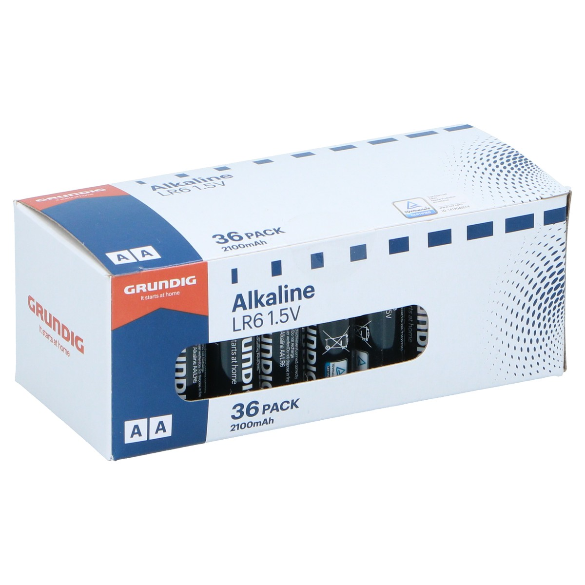 Box of 36 GRUNDIG AA LR6 1.5V alkaline batteries, white with blue accents.