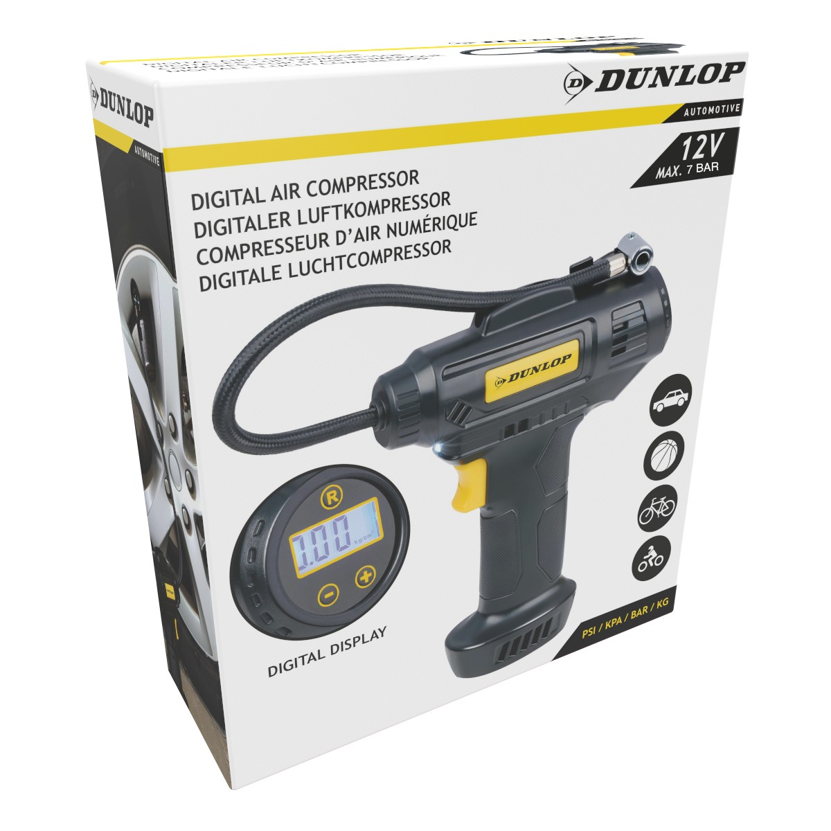Compressore aria digitale Dunlop 12V con tubo e display su scatola.