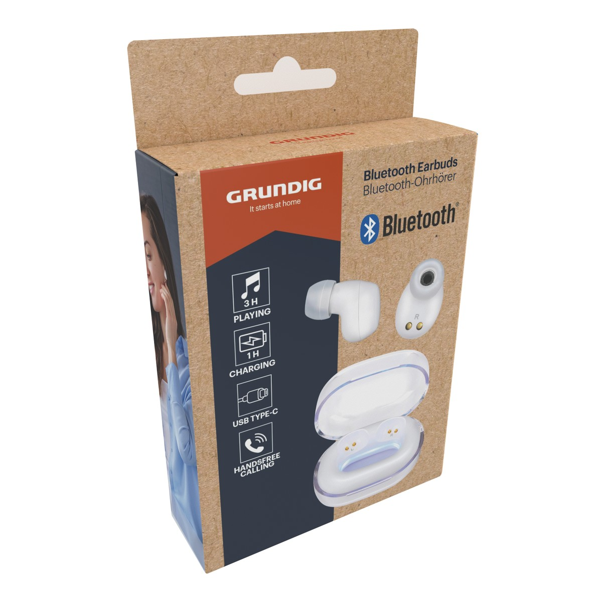 Verpackung für weiße Bluetooth-Ohrhörer von Grundig mit Ladecase.