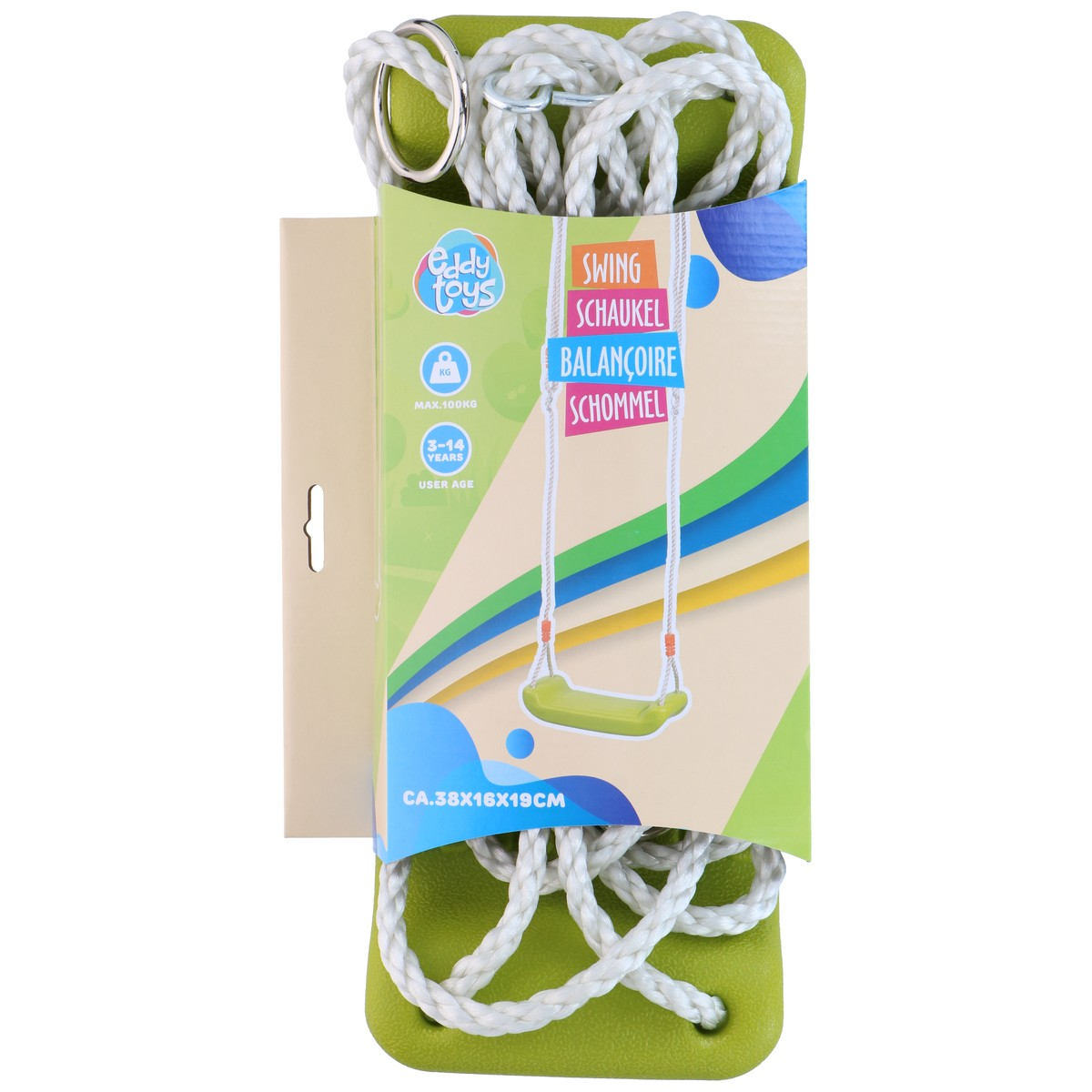 Green swing with white ropes and metal ring on packaging.