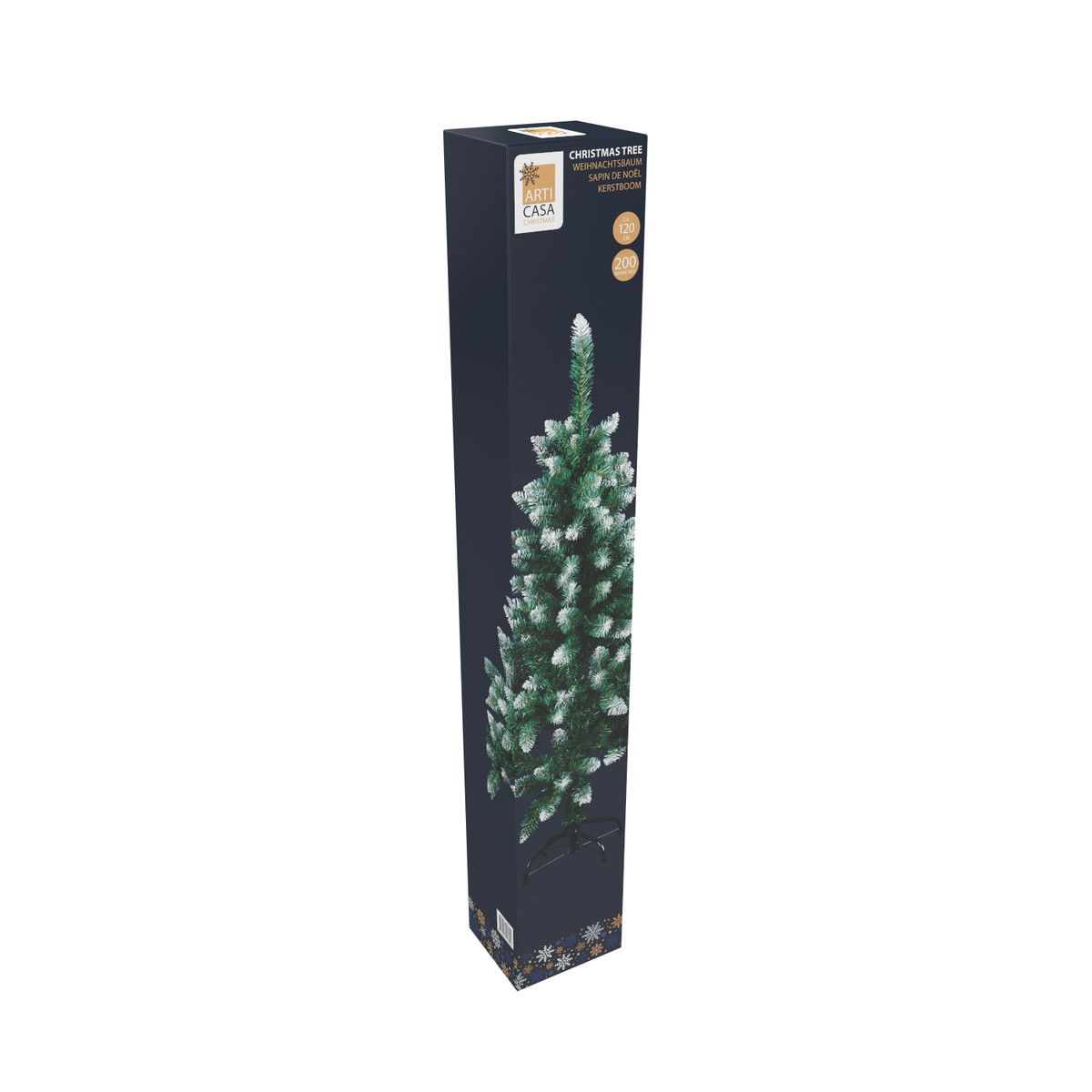 Dark blue box showing a green Christmas tree with white tips.