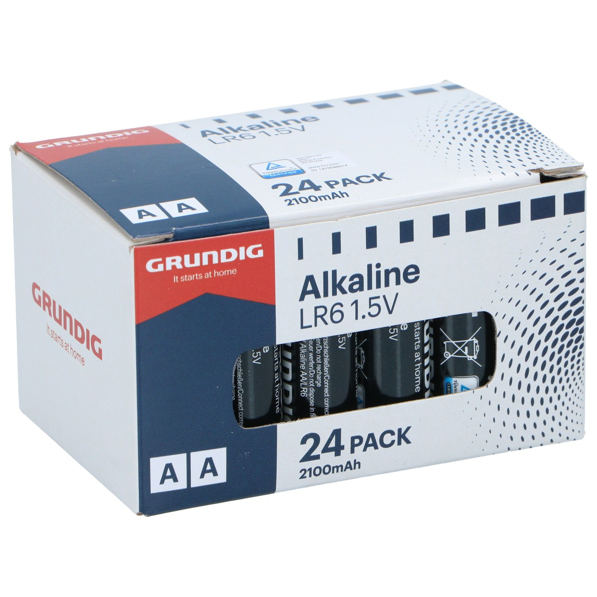 Pack of 24 Grundig Alkaline LR6 1.5V AA batteries with 2100mAh.