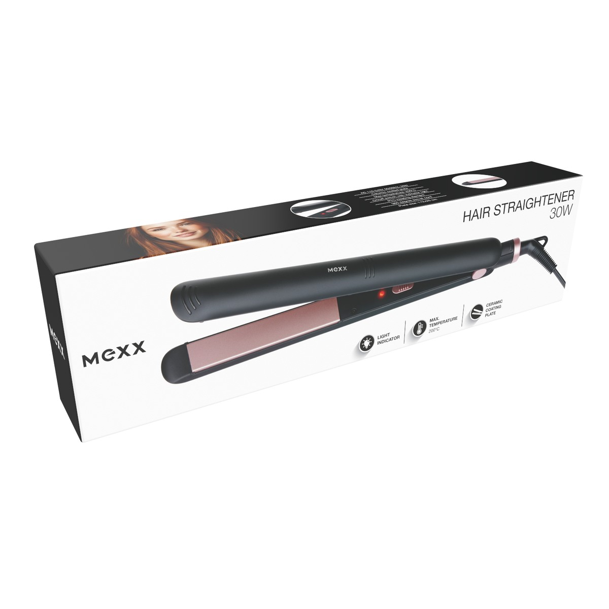 Lisseur Mexx 30W sur boîte avec plaques céramiques et indicateur de température.
