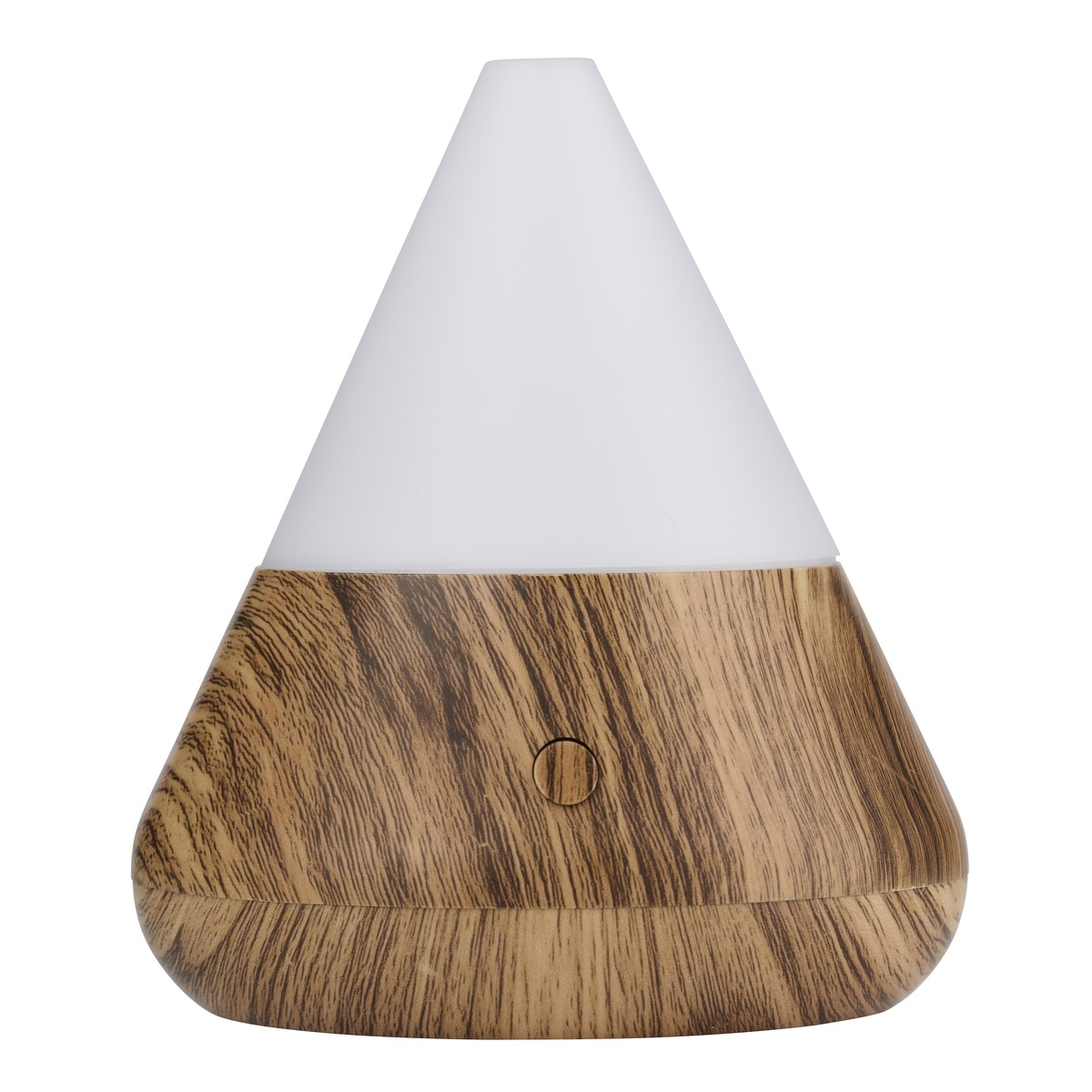 A cone-shaped diffuser with wood grain base and white top.