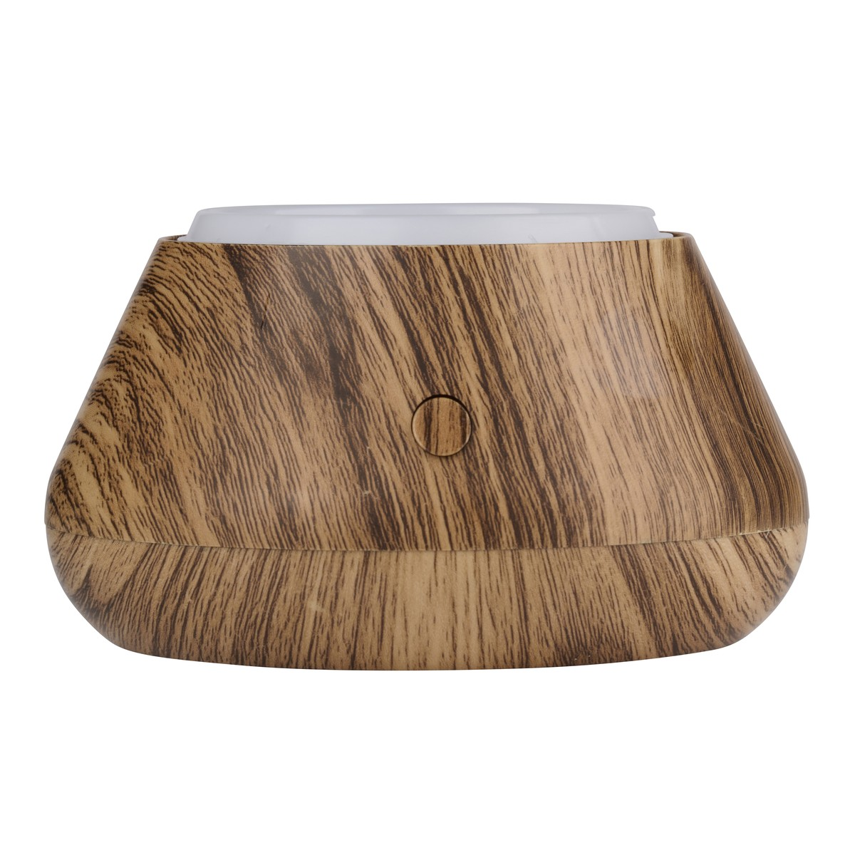 A wood-grain colored diffuser with a white top and a button.