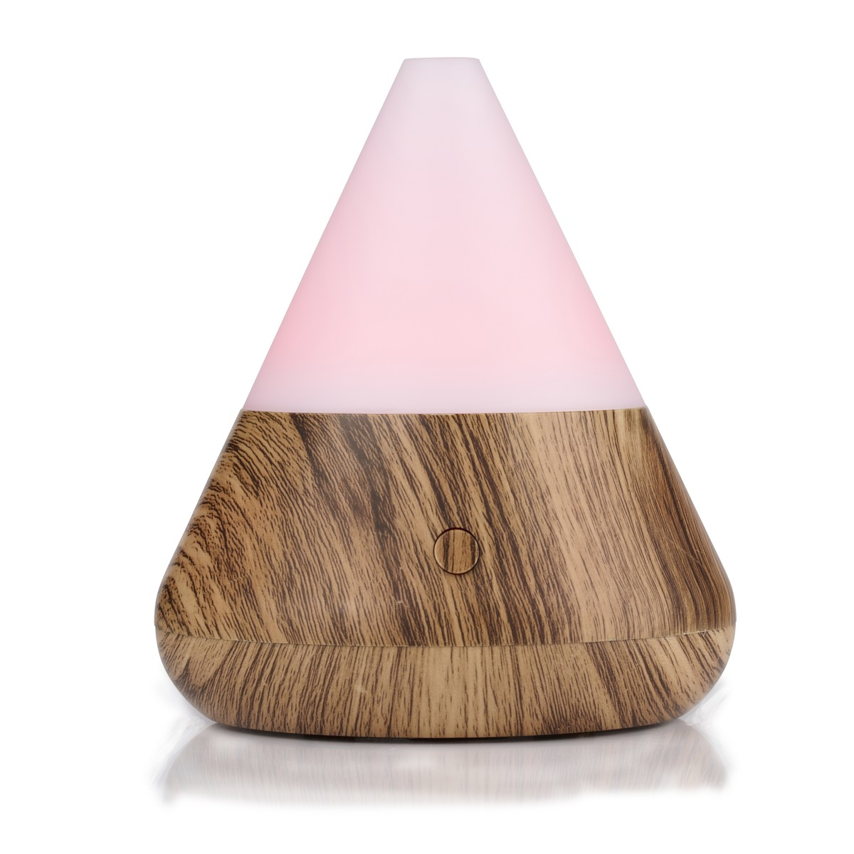 A cone-shaped diffuser with wood grain and pink light.