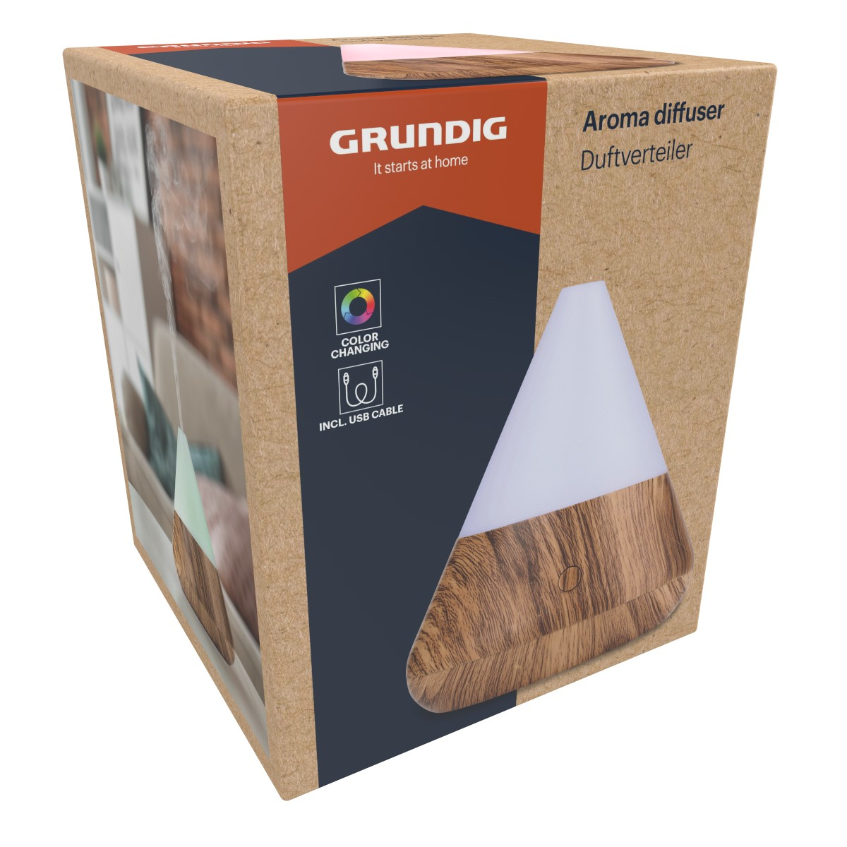 Grundig aroma diffuser with color changing feature and USB cable on cardboard packaging.