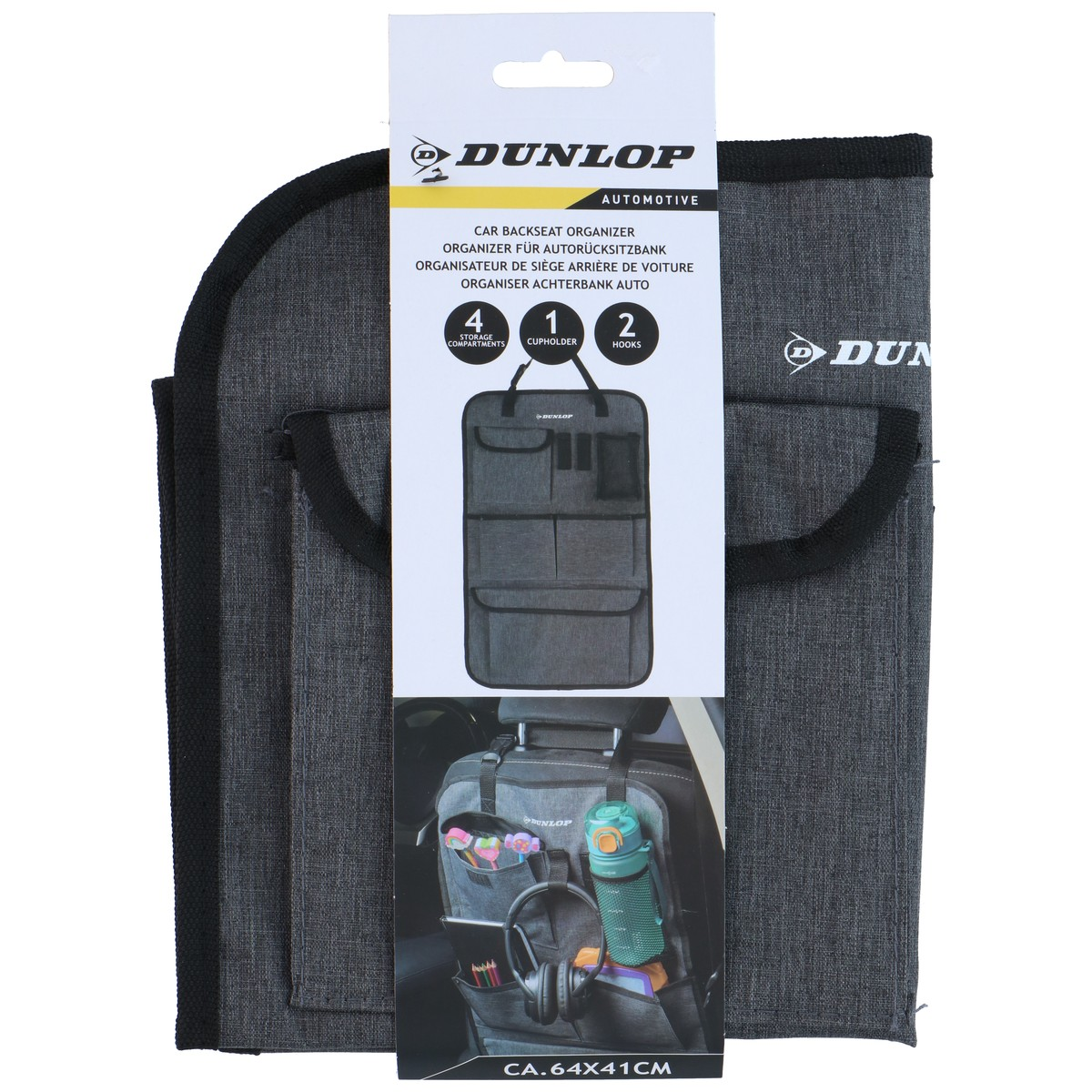 Grijze Dunlop auto-organizer voor de achterbank met vakken, bekerhouder en haken.