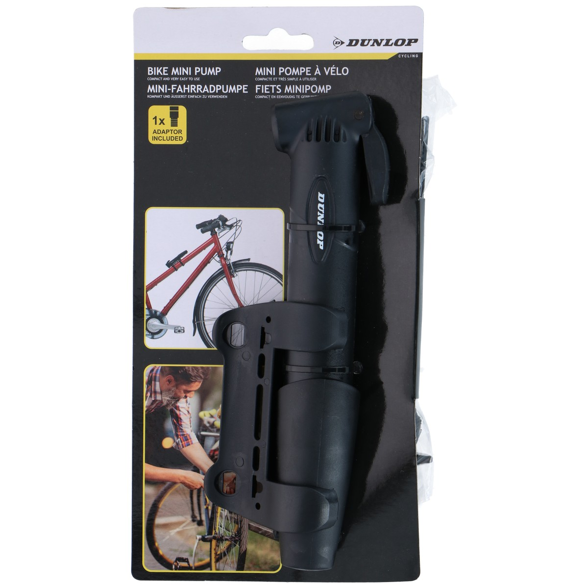 Mini pompa da bicicletta Dunlop nera in confezione con immagine di un uomo che ripara una bici.