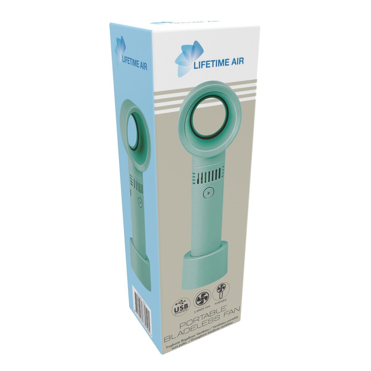 A teal box displays a teal portable bladeless fan and its features.