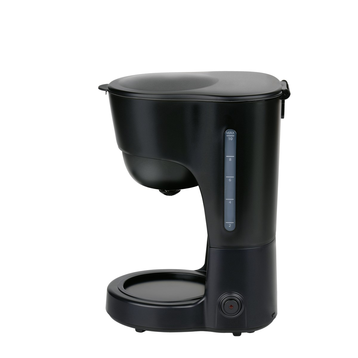 Eine schwarze Kaffeemaschine mit Wasserstandsanzeige und Tropfschale.