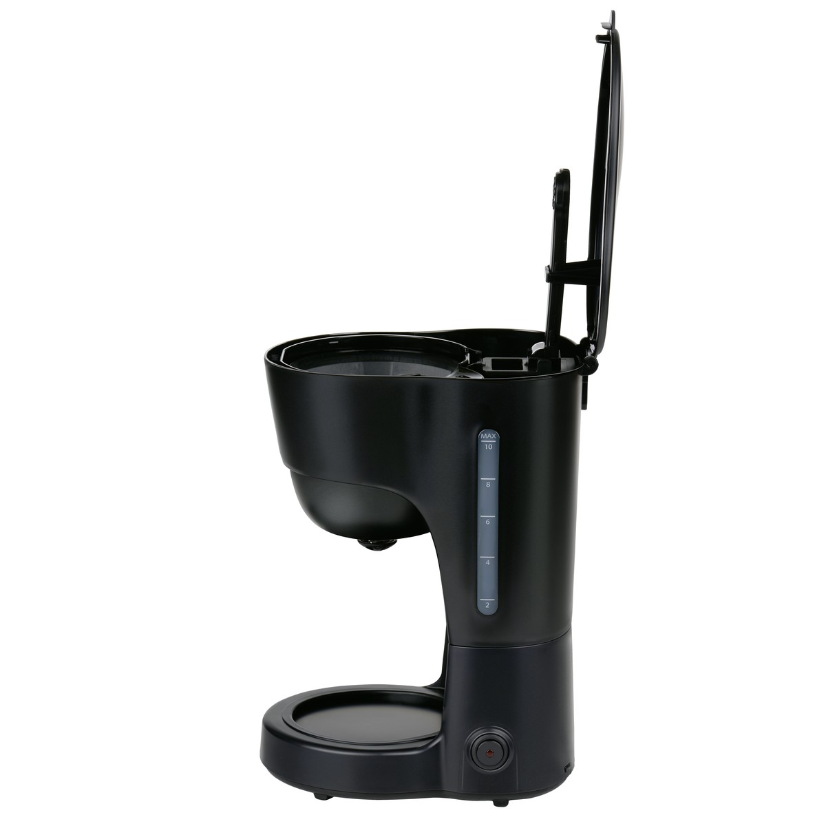 Schwarze Kaffeemaschine mit geöffnetem Deckel, Wasserstandsanzeige und EIN/AUS-Schalter.