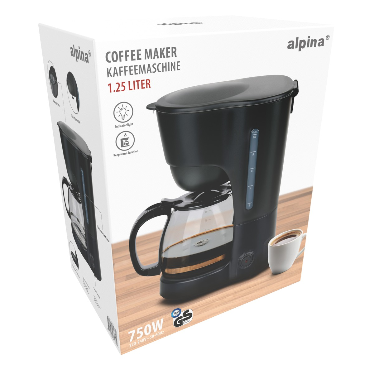 Schwarzer Kaffeeautomat mit Glaskanne, 1,25 L Kapazität, auf Holzhintergrund.