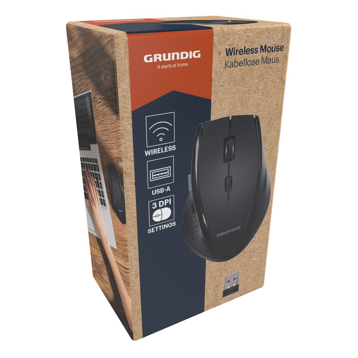 Packaging of a black wireless Grundig mouse with laptop illustration.
