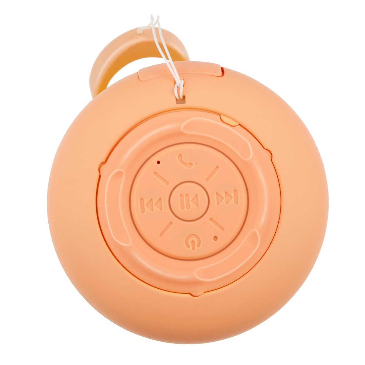 Une enceinte Bluetooth ronde couleur pêche avec des boutons de commande et une sangle de suspension.