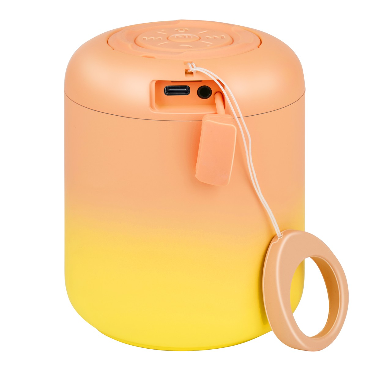 Haut-parleur dégradé orange et jaune avec port de charge et dragonne.