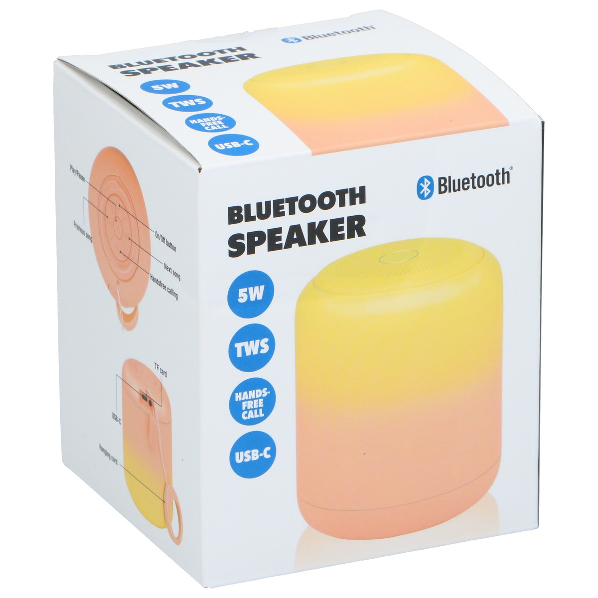 Emballage d'un haut-parleur Bluetooth jaune et orange avec étiquettes.