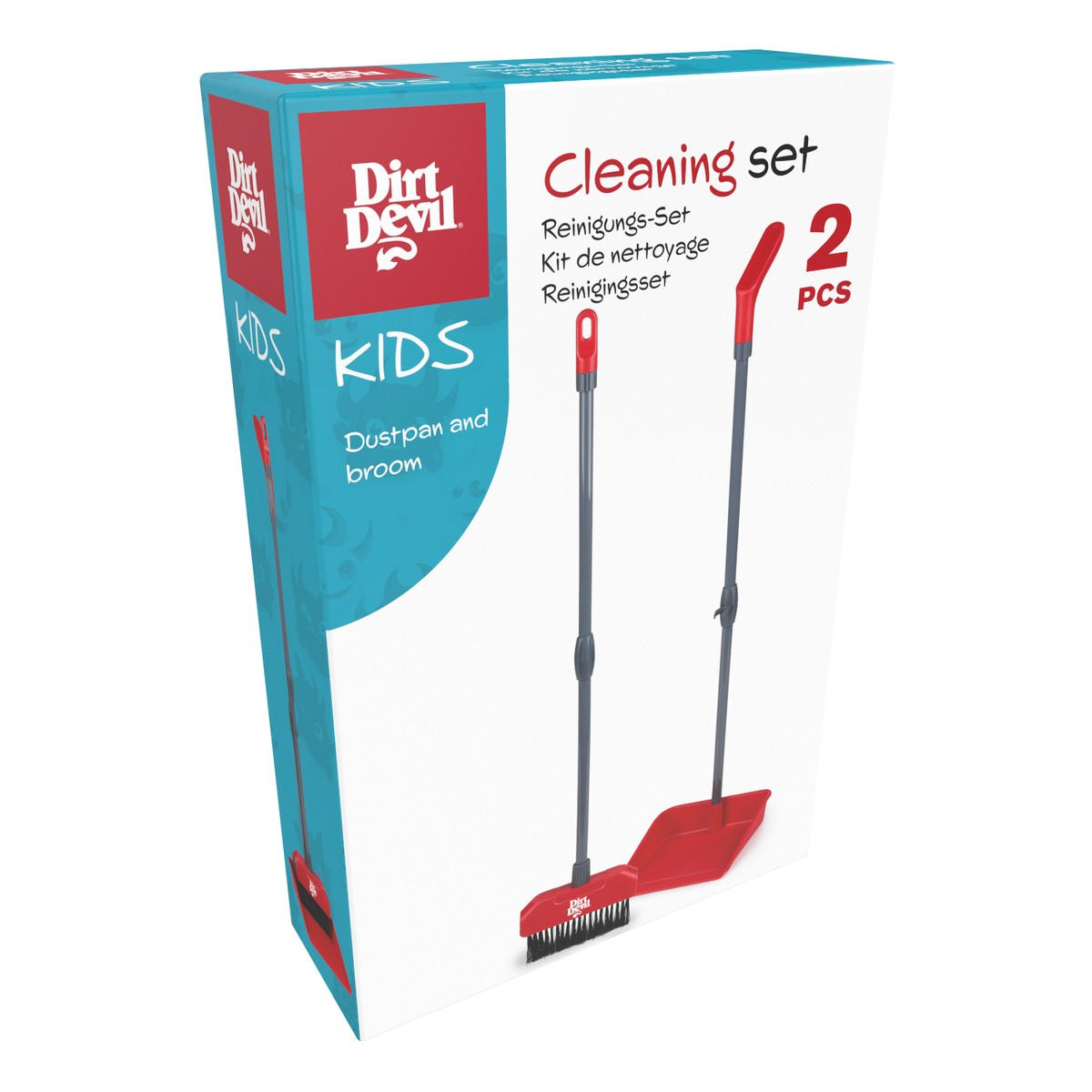 A Dirt Devil cleaning set for kids, featuring a red dustpan and a broom with red handles.