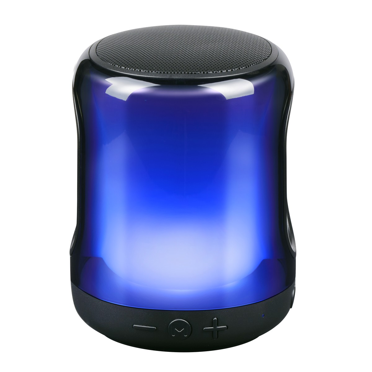 Une enceinte portable avec lumière bleue et grille noire dessus.