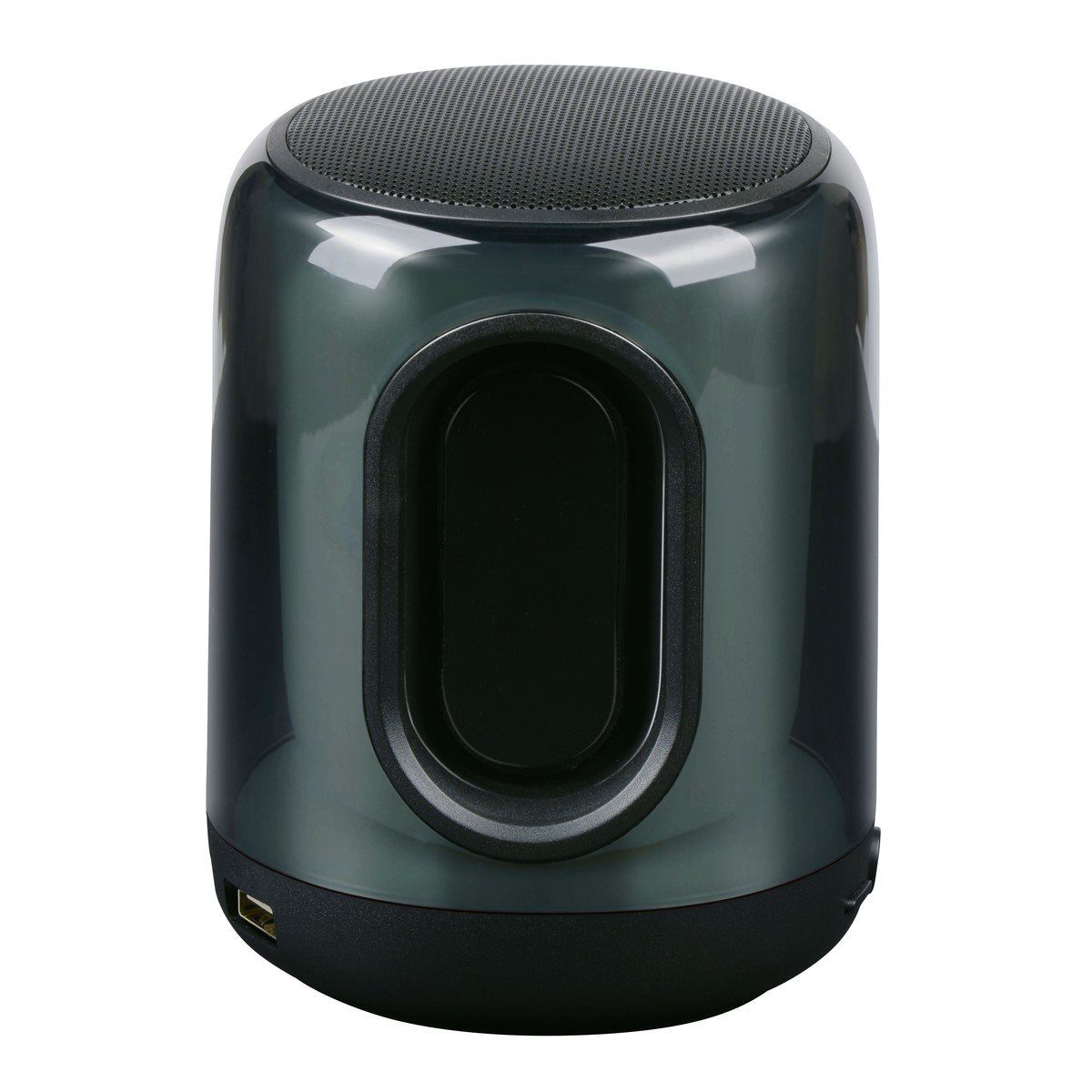 Enceinte cylindrique sombre avec découpe ovale et port USB.