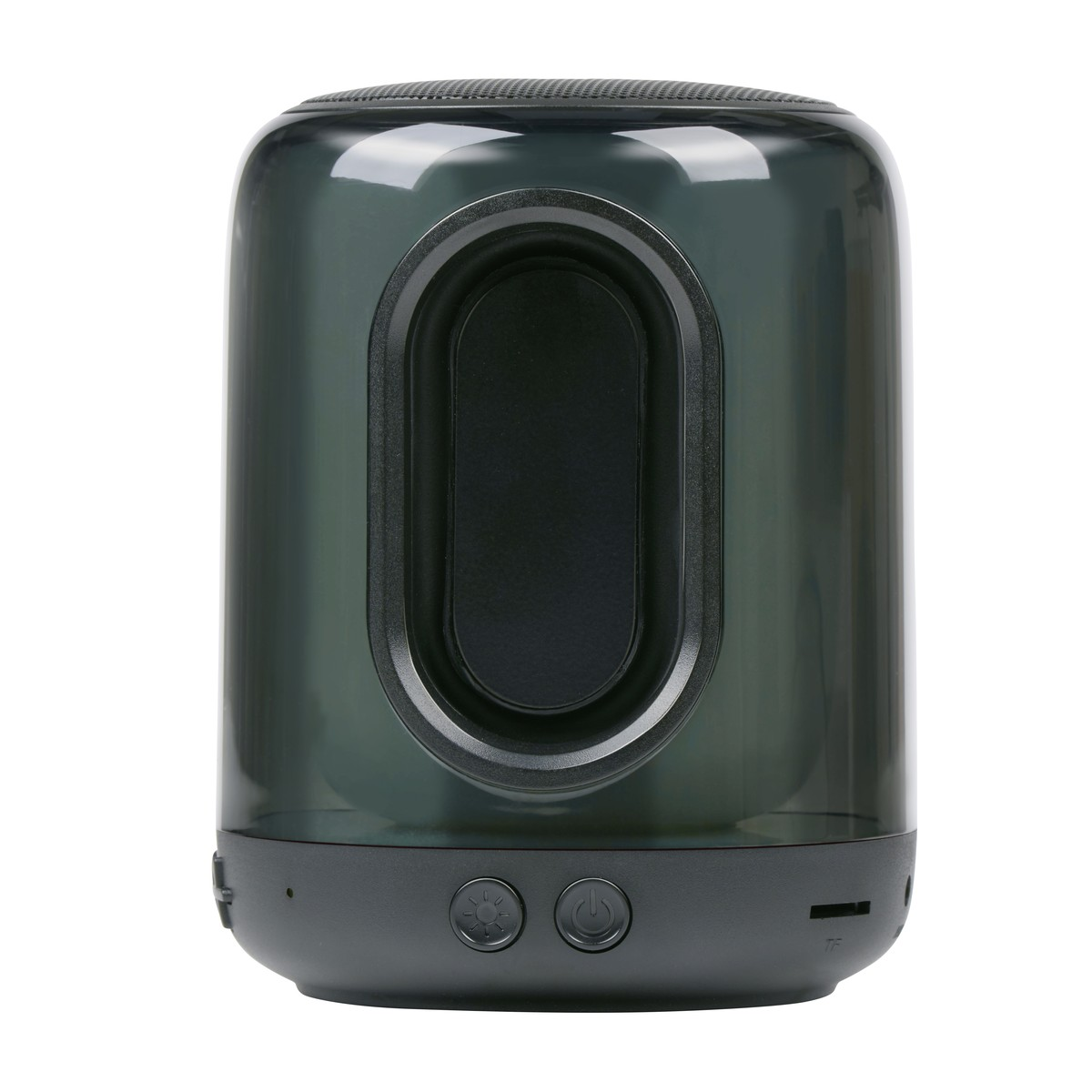 Un haut-parleur Bluetooth cylindrique gris foncé avec un corps translucide et des boutons frontaux.