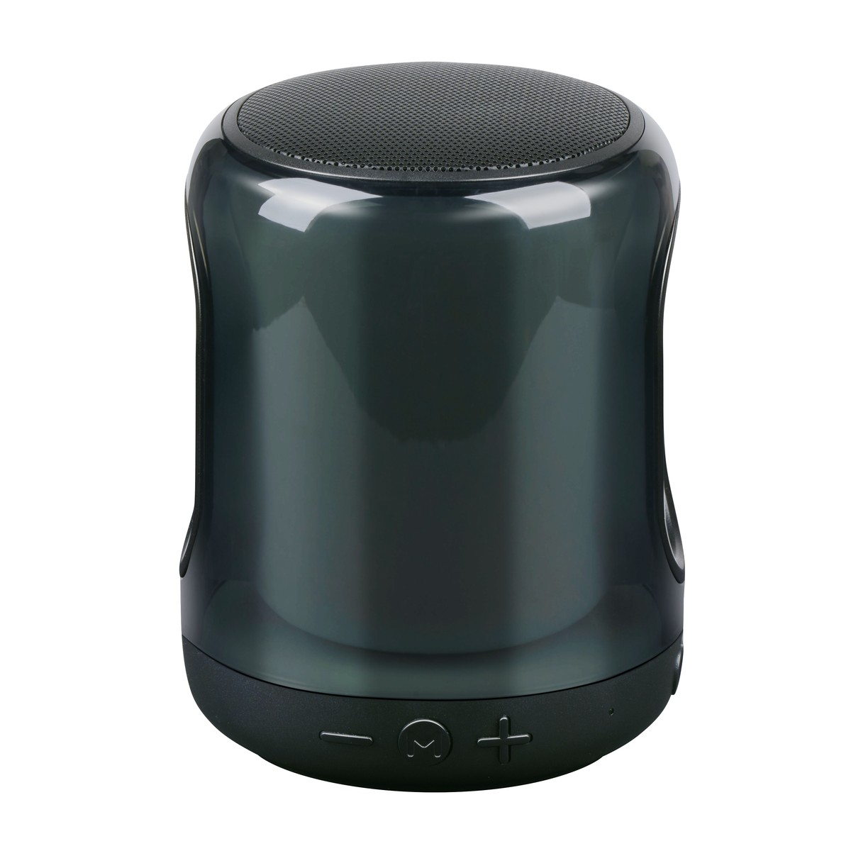 Une enceinte cylindrique sombre avec un dessus en maille noire et des commandes à la base.