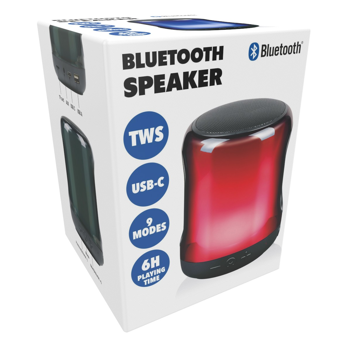 Emballage d'un haut-parleur Bluetooth rouge avec TWS, USB-C et 6h d'autonomie.