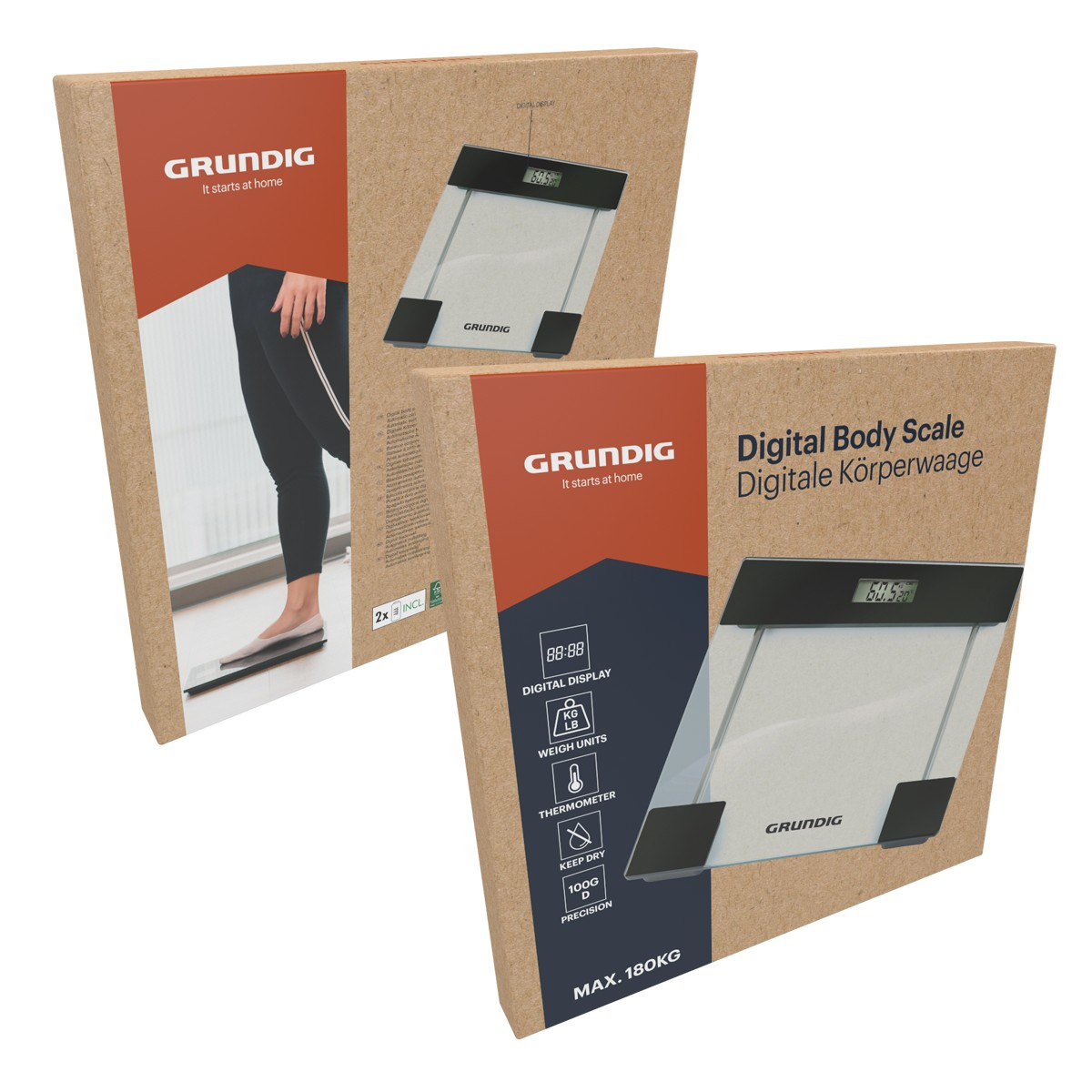 Two Grundig digital body scale boxes showing product images and details.