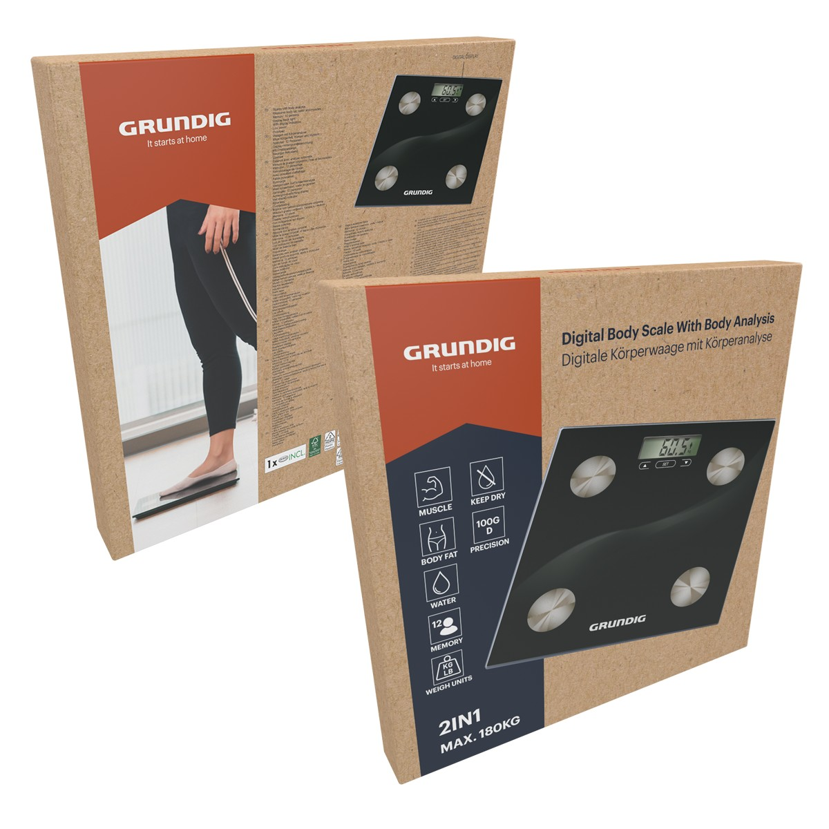 Two Grundig body scale boxes. One shows a person stepping on a scale.