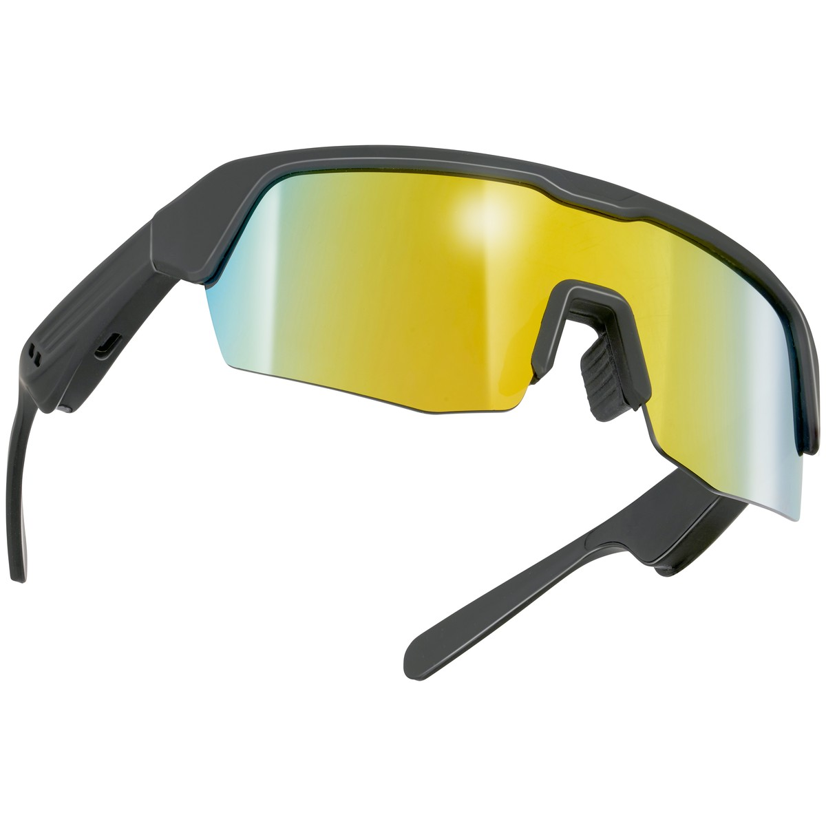 Dunkelgraue Sportbrille mit gelben verspiegelten Gläsern und breitem Rahmen.