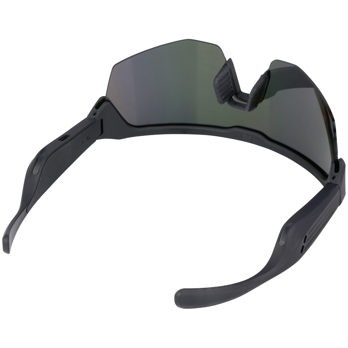 Schwarze Sportsonnenbrille mit getönten Gläsern und Nasenpads.