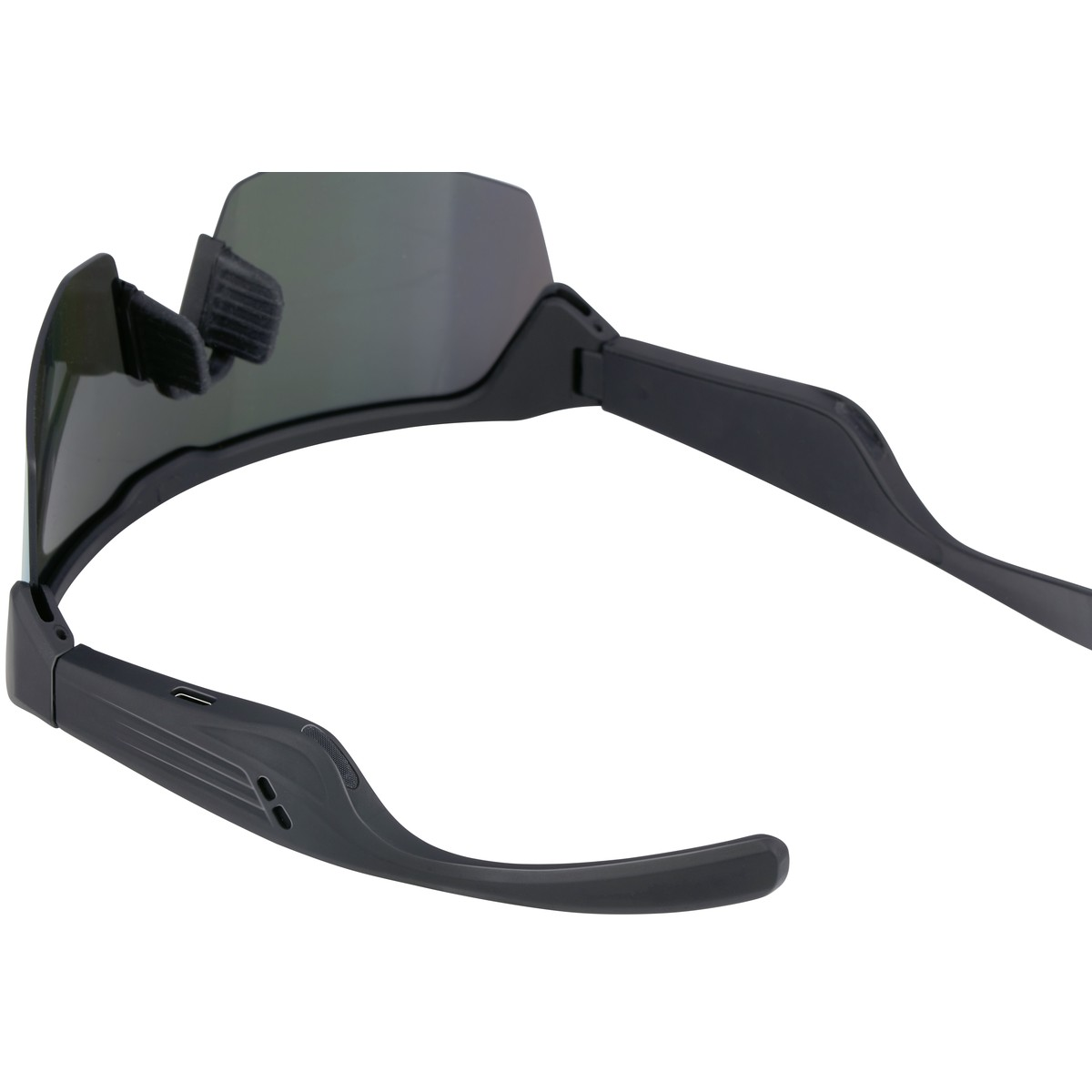 Eine schwarze, sportliche Sonnenbrille mit einer getönten Einzellinse und schwarzem Rahmen.