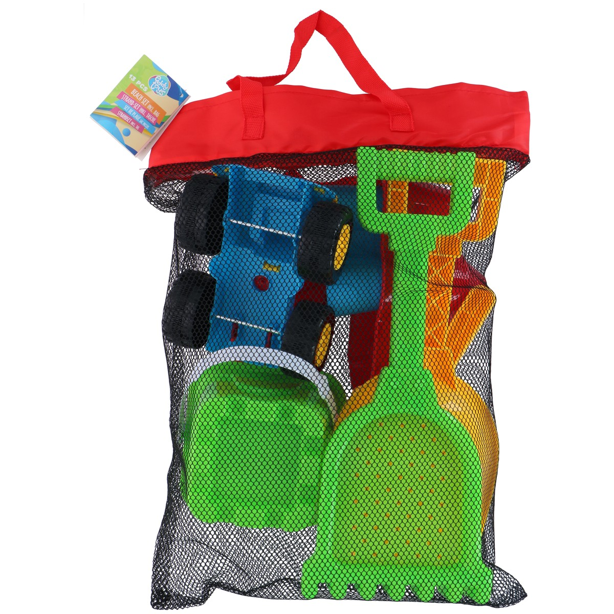 Beach toys in a net bag with a red handle. Includes truck, shovels, and bucket.