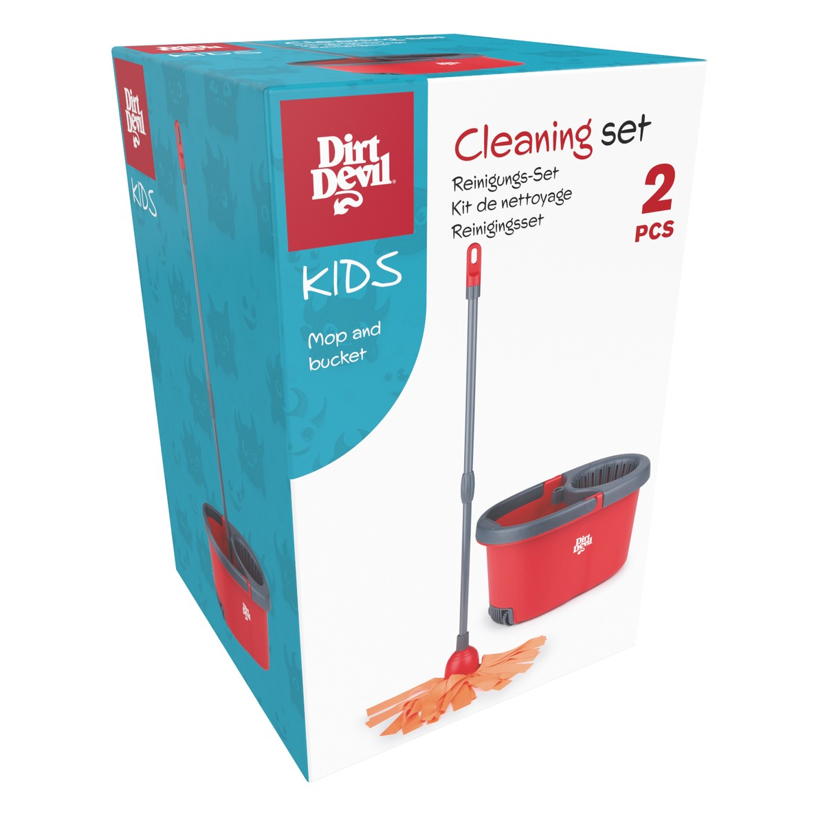 Box for a red kids mop and bucket with an orange mop head.