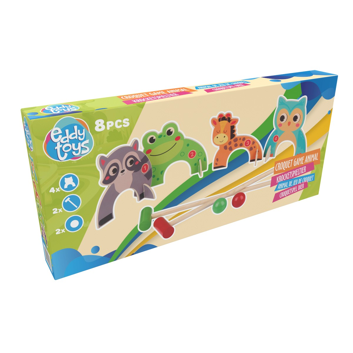 Box for an animal croquet game with mallets, balls and animal figures.