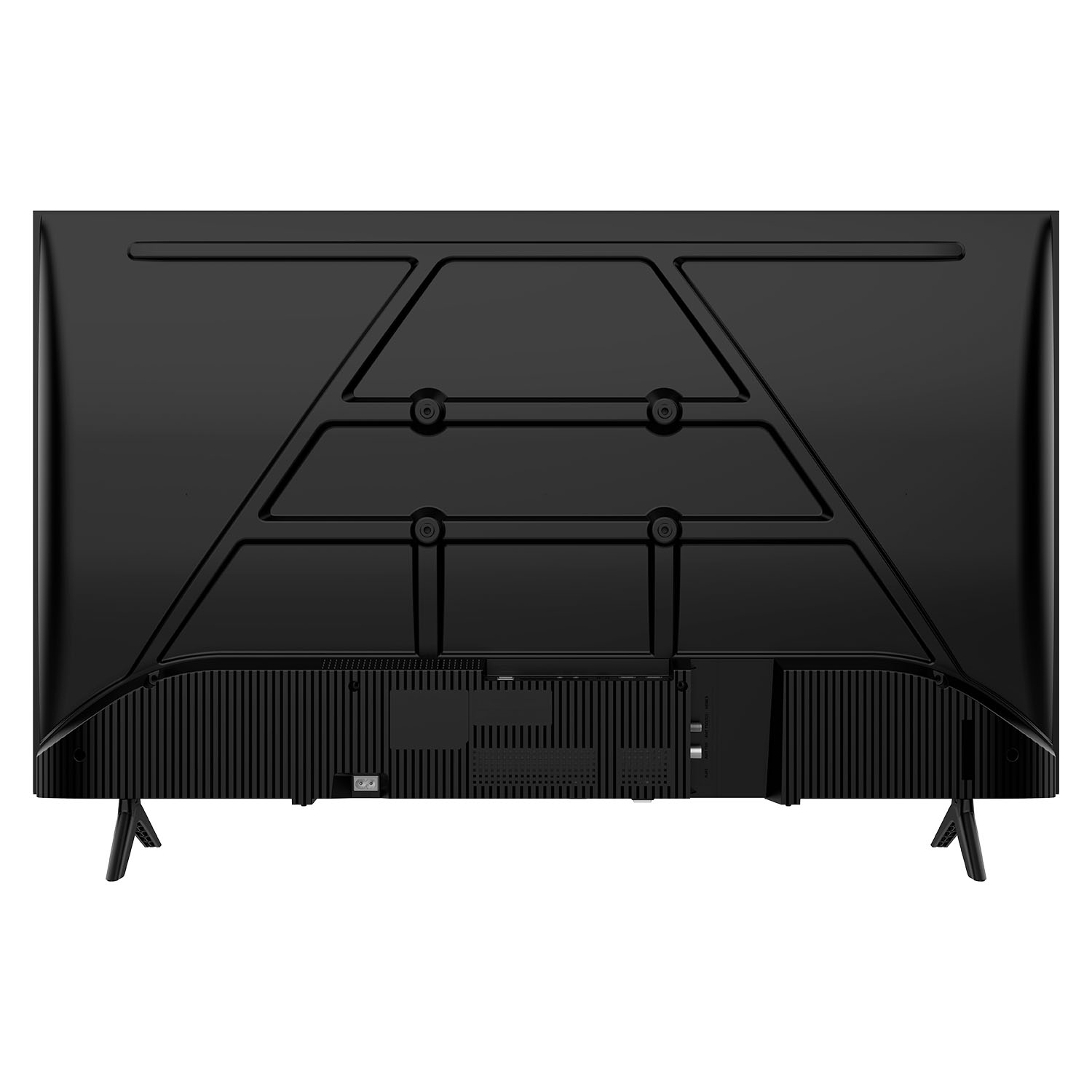 Vista trasera de un televisor negro con sus soportes y puertos.