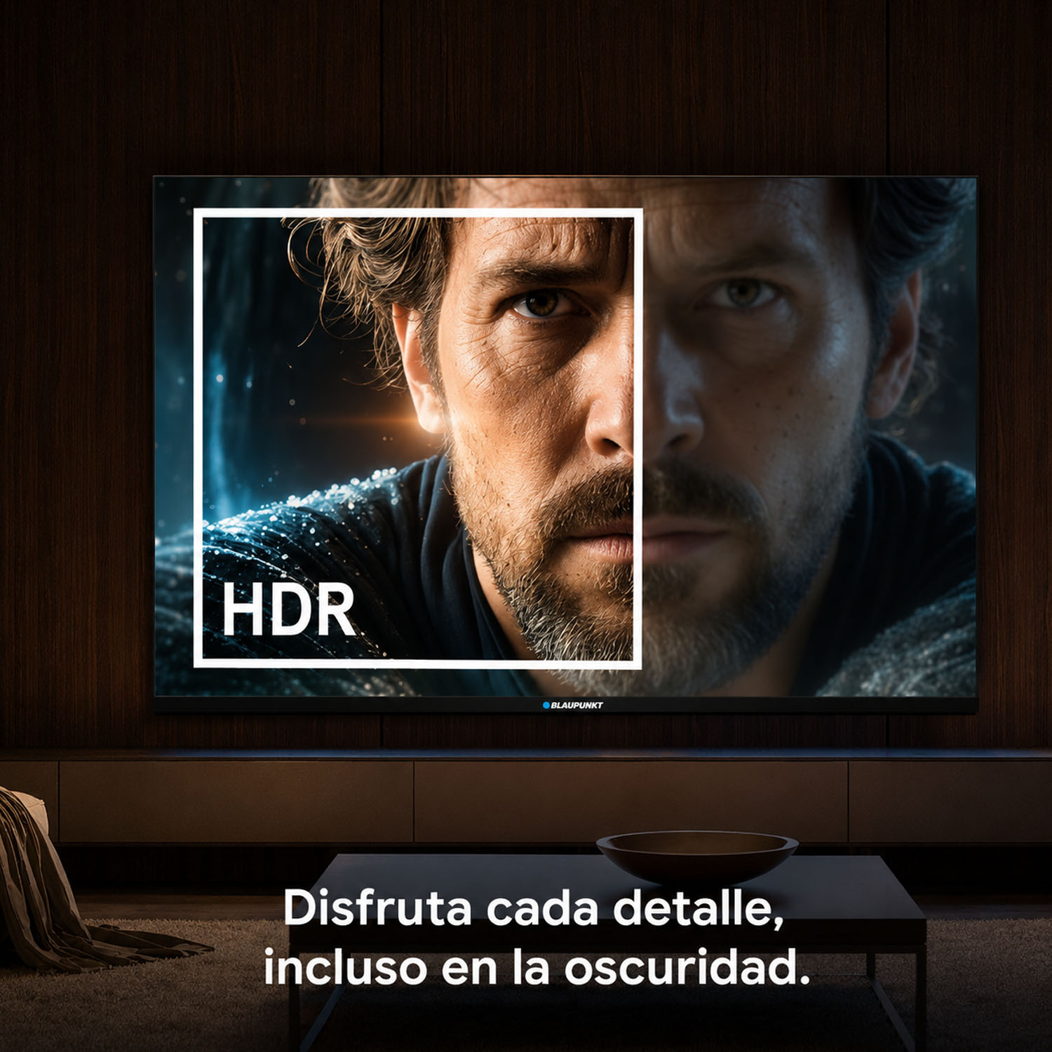 Un hombre con barba en modo HDR en una pantalla de TV.