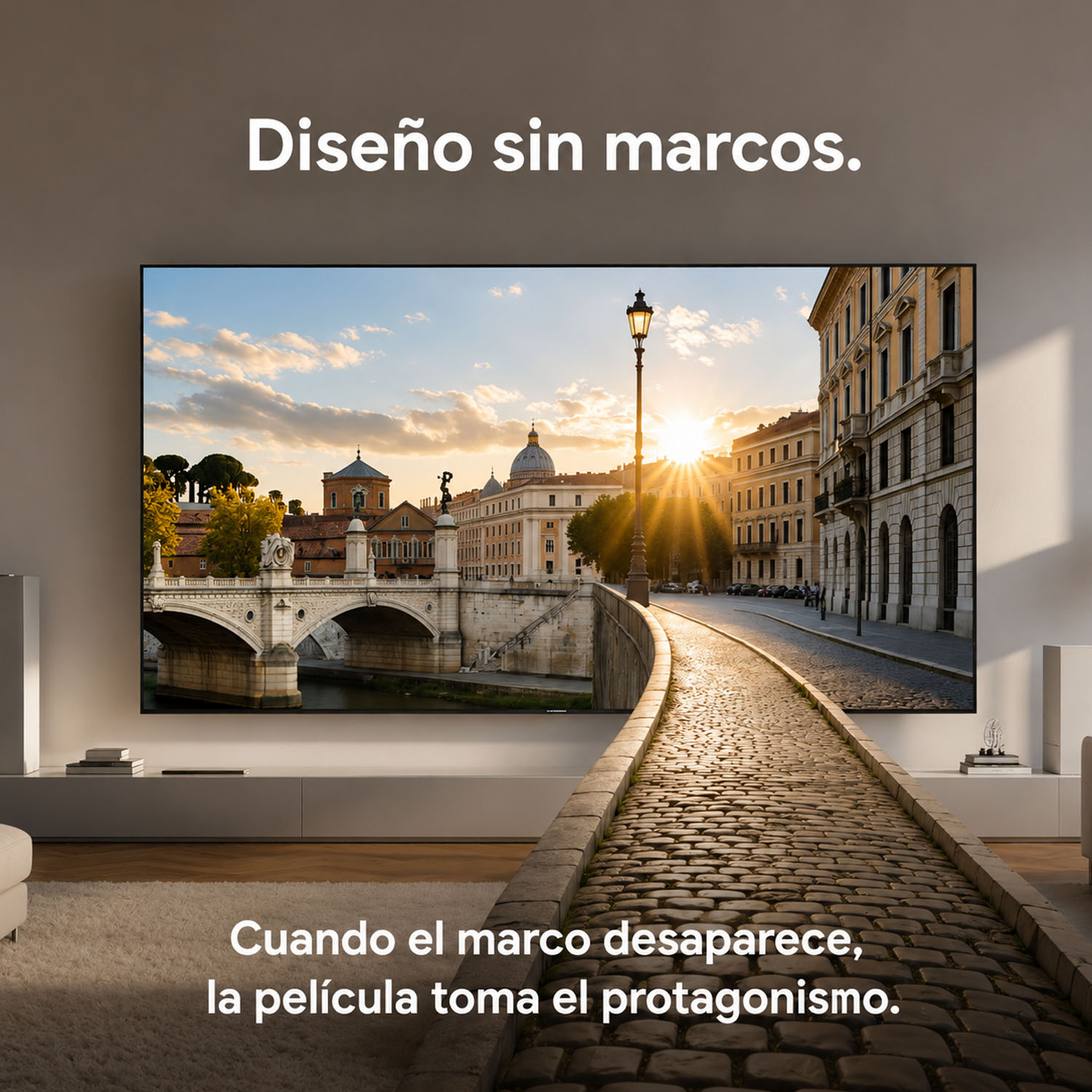 Un televisor sin marco muestra un paisaje urbano con un puente al atardecer.