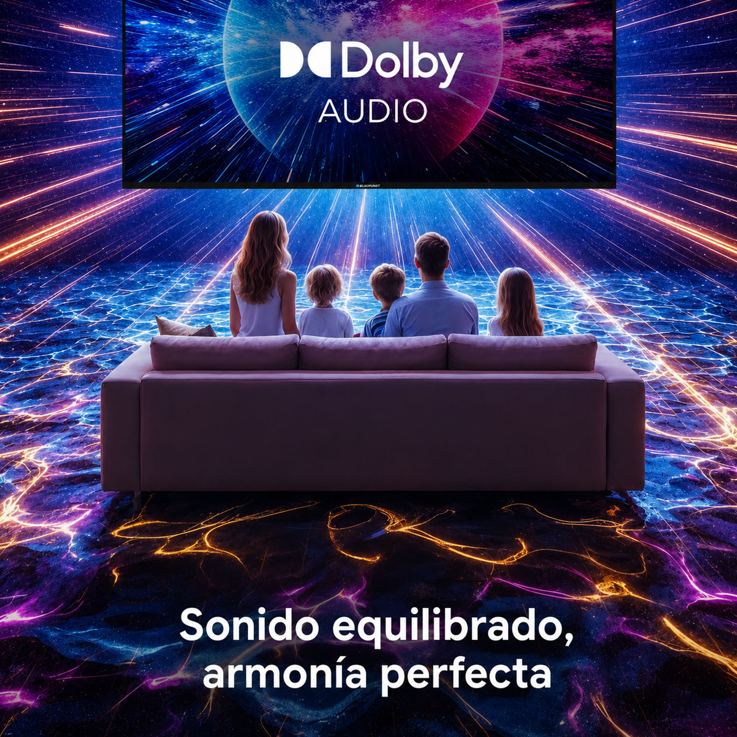 Familia en sofá viendo pantalla Dolby Audio con luces cósmicas