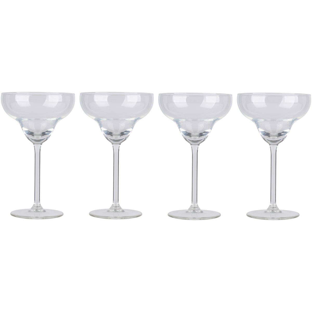 Vier klare Margarita-Gläser mit breitem Rand und schlankem Stiel stehen in einer Reihe.