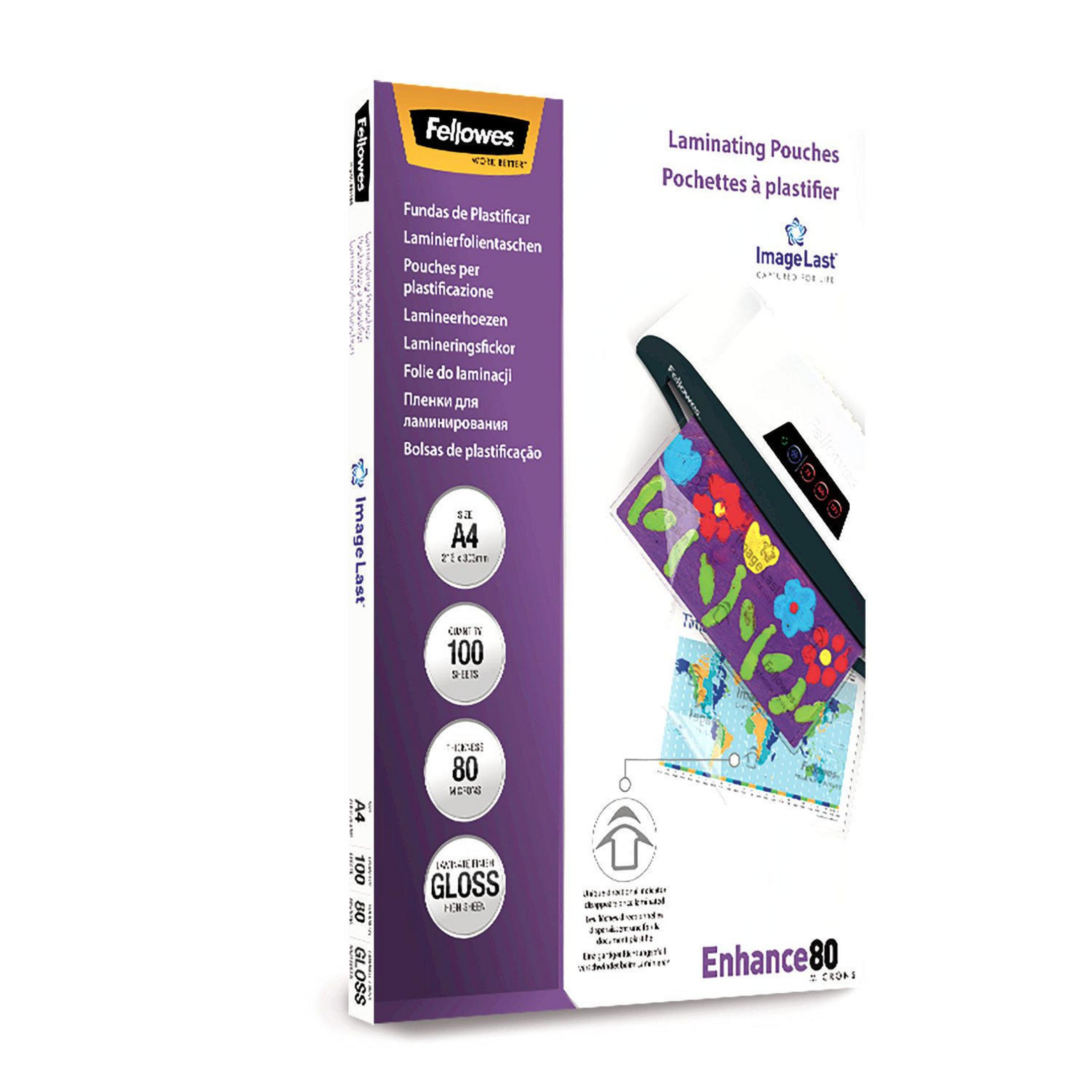 Verpackung von Fellowes Laminierfolien, A4, 100 Stück, 80 Mikron, glänzend.