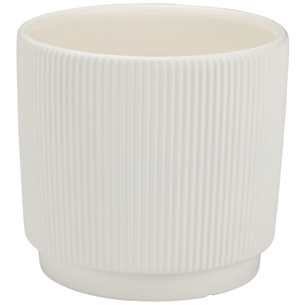 A white cylinder with vertical ridges and a raised base.