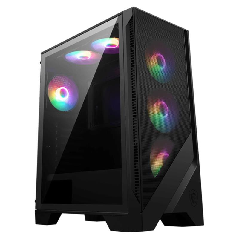 Cam yan panel ve RGB fanlı siyah PC kasası.