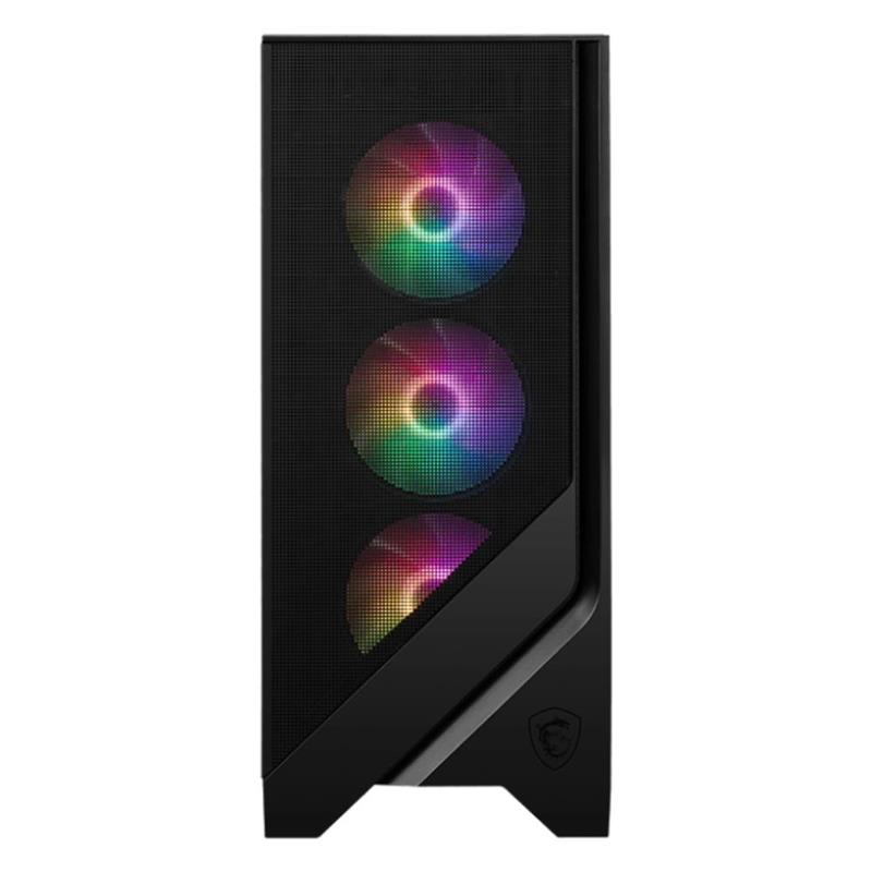 Önde üç RGB fanlı siyah bilgisayar kasası.