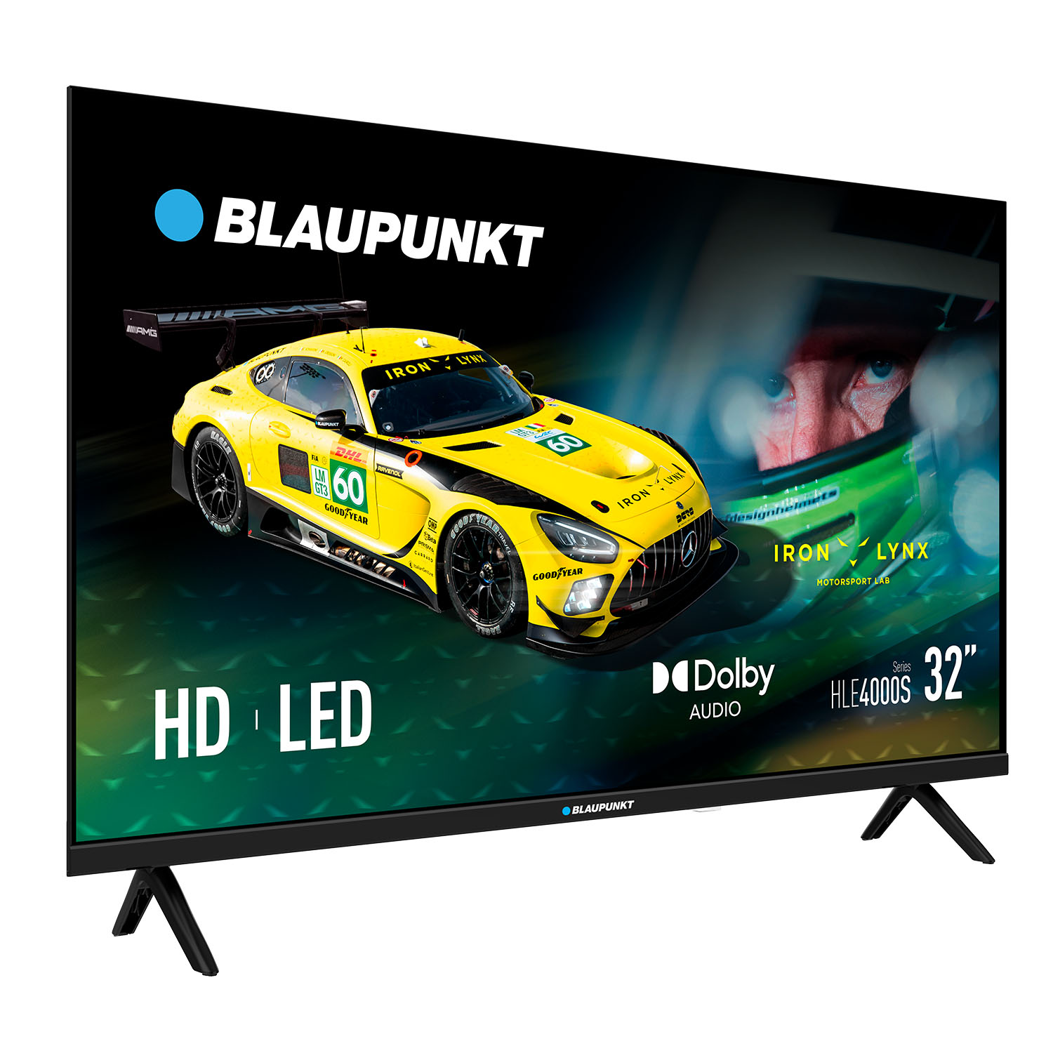Un coche de carreras amarillo con el número 60 en una pantalla de TV Blaupunkt.