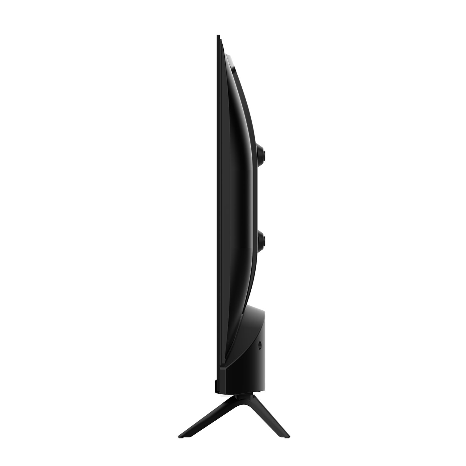 Televisor negro de perfil lateral sobre fondo blanco.