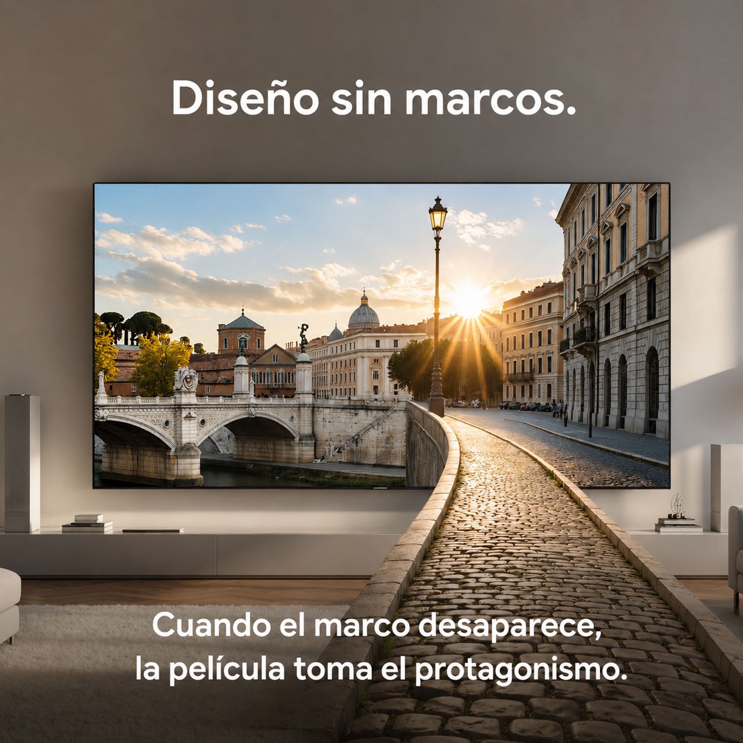 Un televisor muestra una vista de ciudad con puente y sol al fondo.